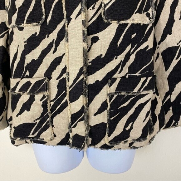 MICHAEL MICHAEL KORS Linen Black Print Snap Front Jacket Fringe Detail Size 14 - Picture 4 of 9